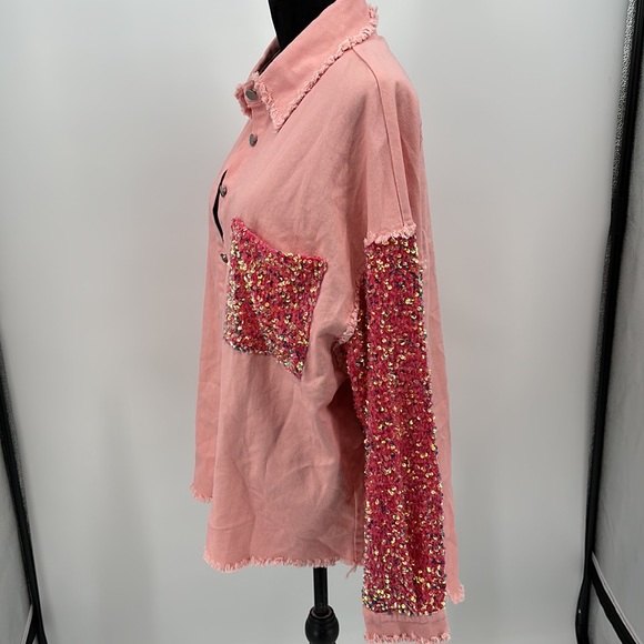 Fantastic Fawn shirt jacket Shacket pink sequin size Medium oversize shirt NWOT - Picture 5 of 6